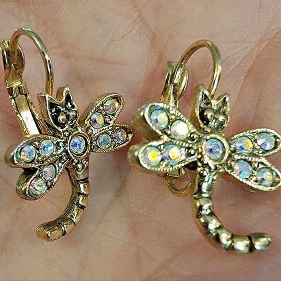 Kirks Folly Gold Dragonfly Pierced Earrings with Iridescent AB Crystal Accents - Picture 2 of 6